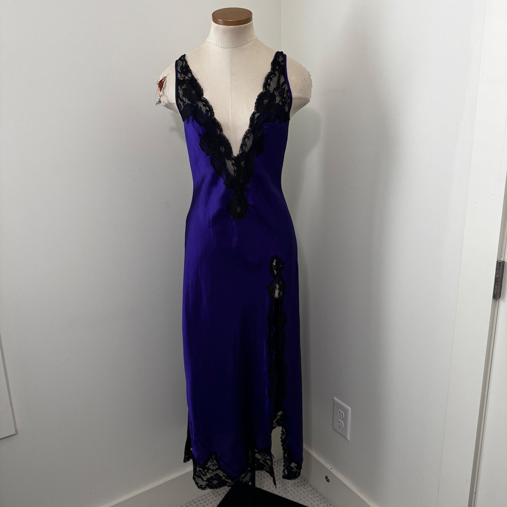Victoria's Secret Small Purple Satin Black Lace Long Slip Dress Nightie Gown 90s
